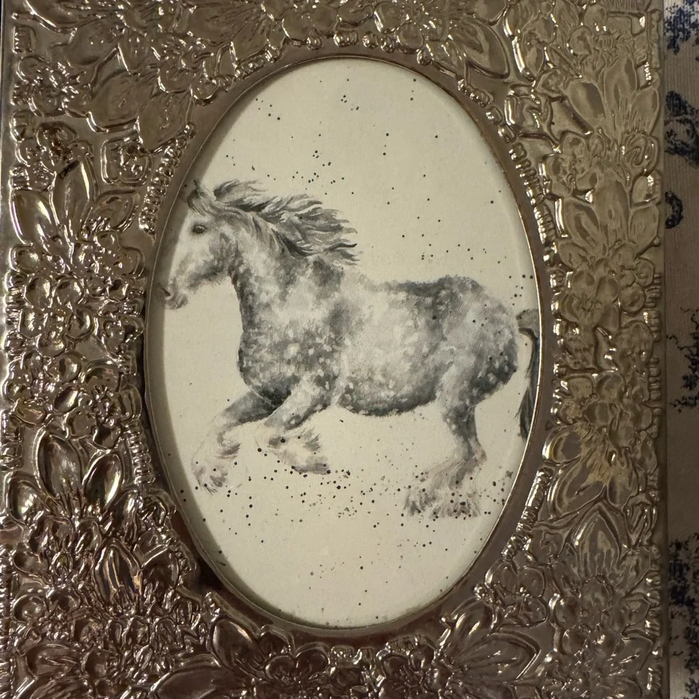 Sterling Silver Etched Floral Picture Frame with Horse Art - Picture 2 of 6